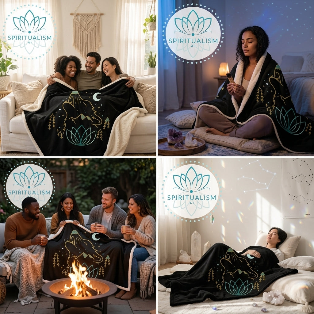 Celestial Wolf Sherpa Blanket | Moon Wolf Cozy Throw | Spiritualism AI
