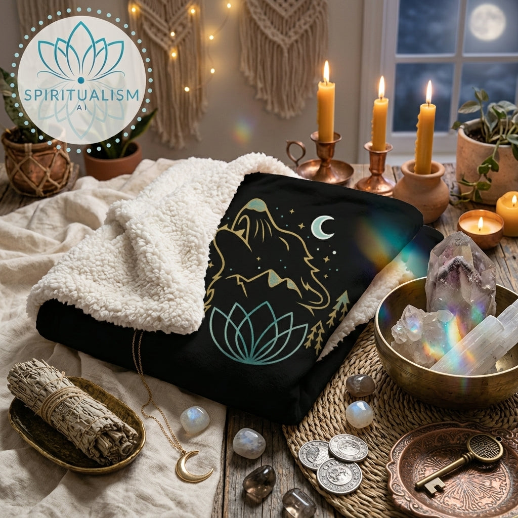 Celestial Wolf Sherpa Blanket | Moon Wolf Cozy Throw | Spiritualism AI