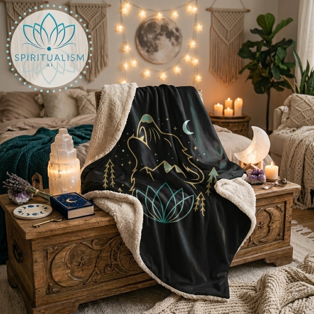 Celestial Wolf Sherpa Blanket | Moon Wolf Cozy Throw | Spiritualism AI
