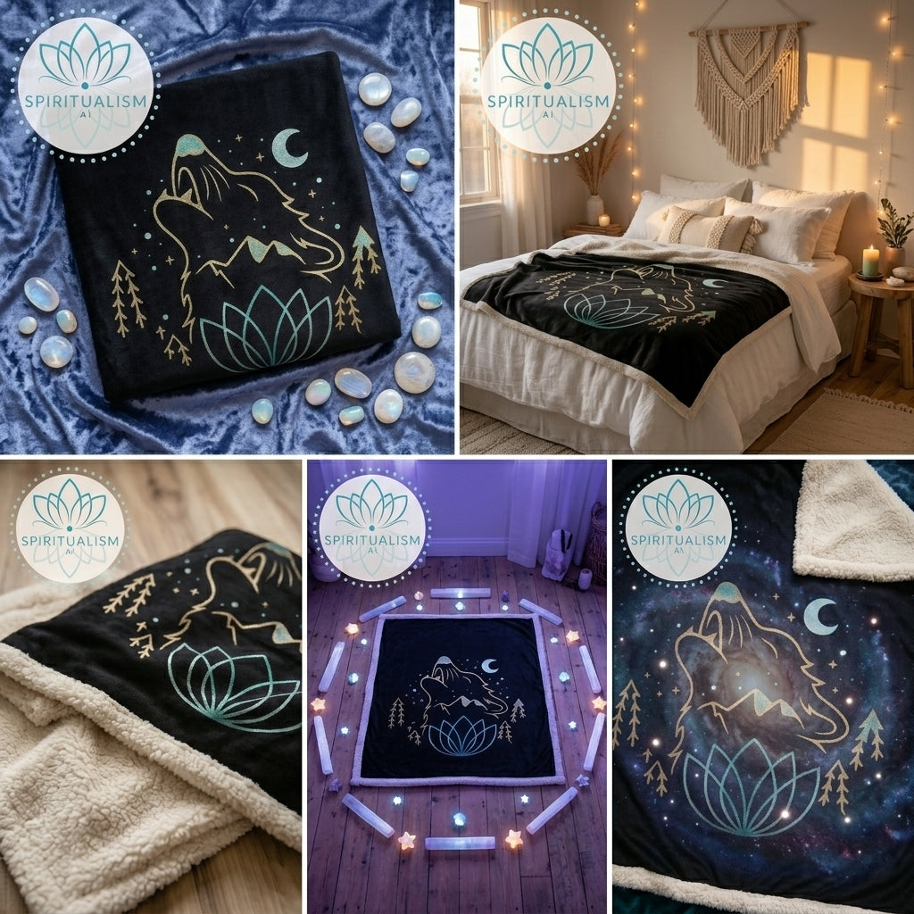 Celestial Wolf Sherpa Blanket | Moon Wolf Cozy Throw | Spiritualism AI