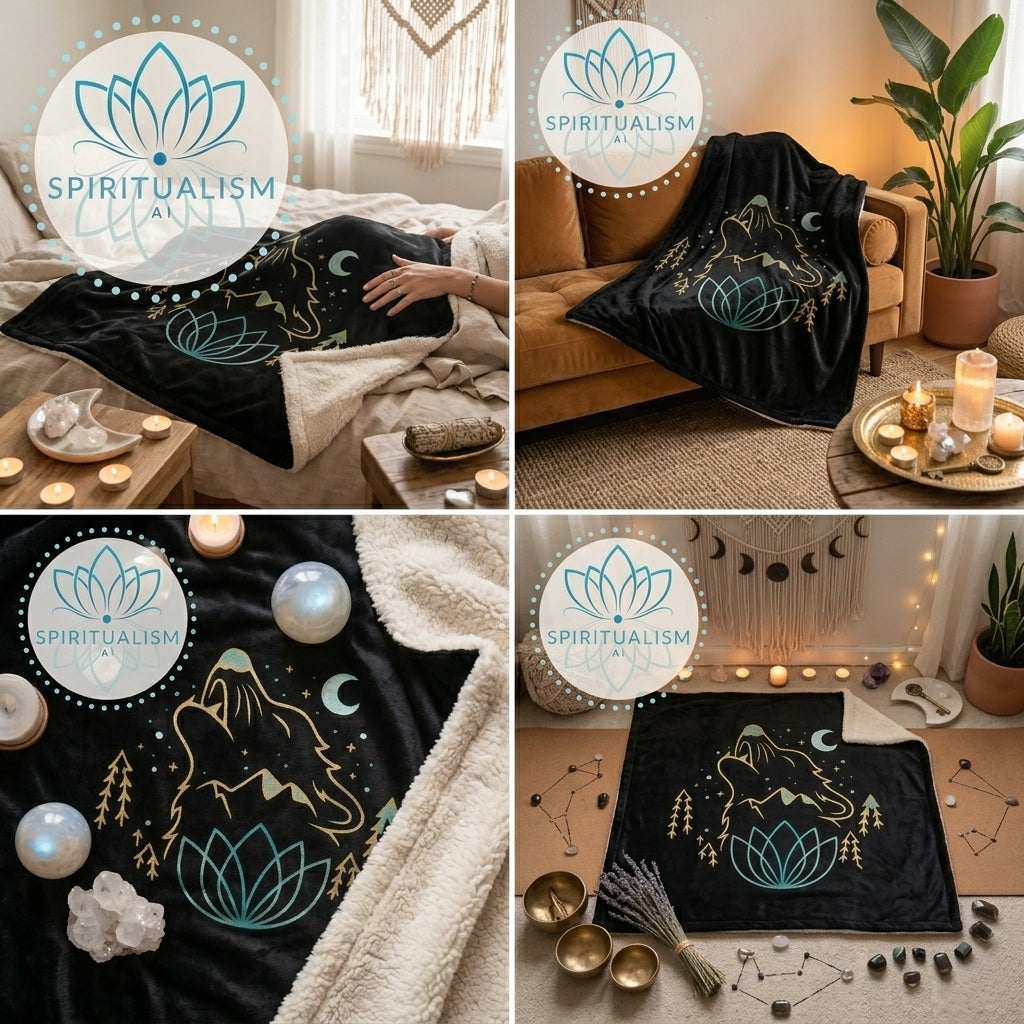 Celestial Wolf Sherpa Blanket | Moon Wolf Cozy Throw | Spiritualism AI