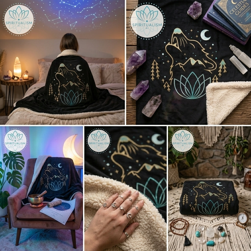Celestial Wolf Sherpa Blanket | Moon Wolf Cozy Throw | Spiritualism AI