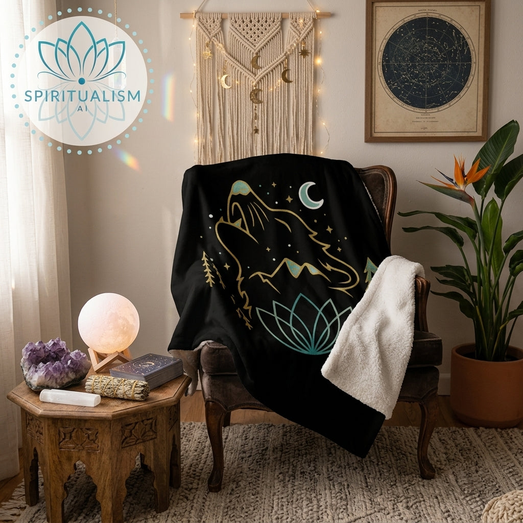 Celestial Wolf Sherpa Blanket | Moon Wolf Cozy Throw | Spiritualism AI