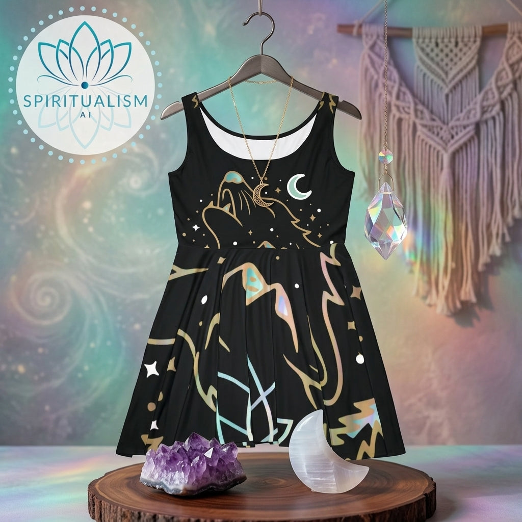 Celestial Wolf Skater Dress | Moon Wolf Print Dress | Spiritualism AI