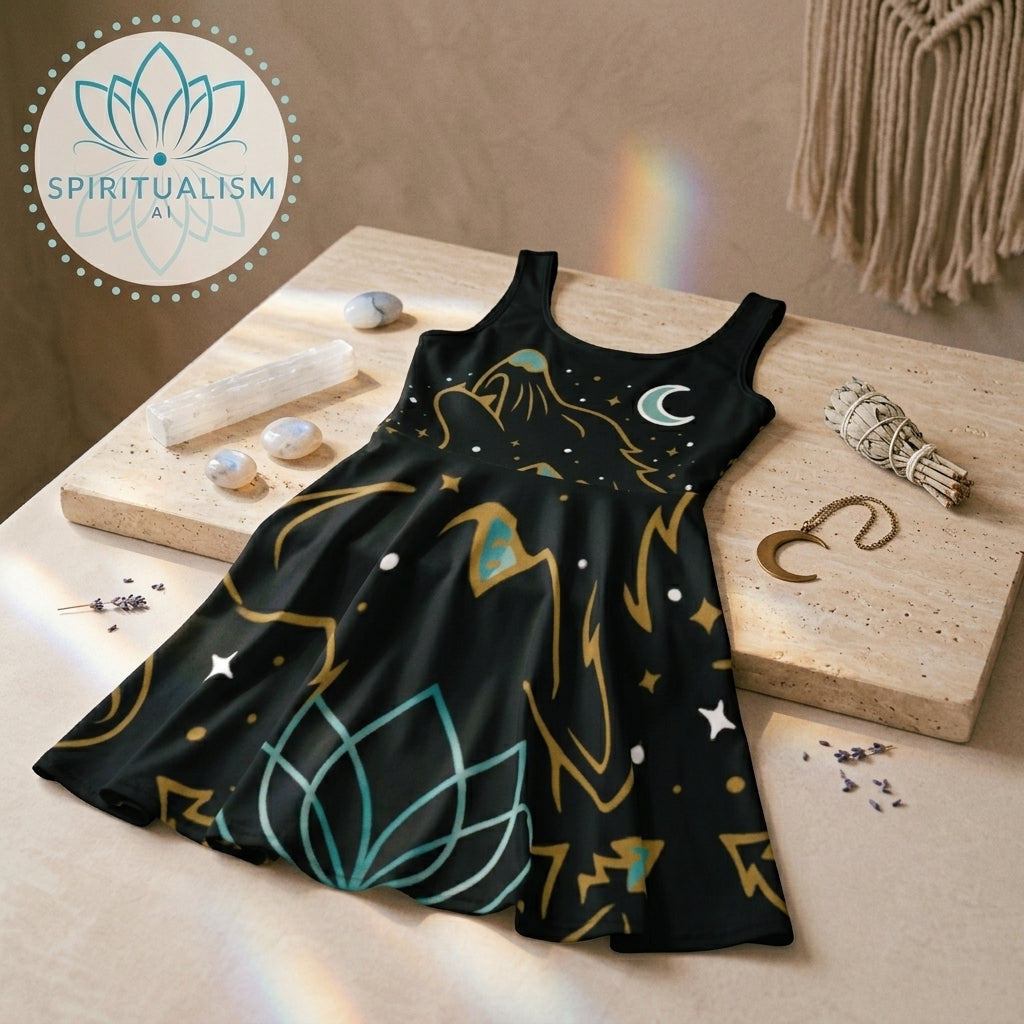 Celestial Wolf Skater Dress | Moon Wolf Print Dress | Spiritualism AI