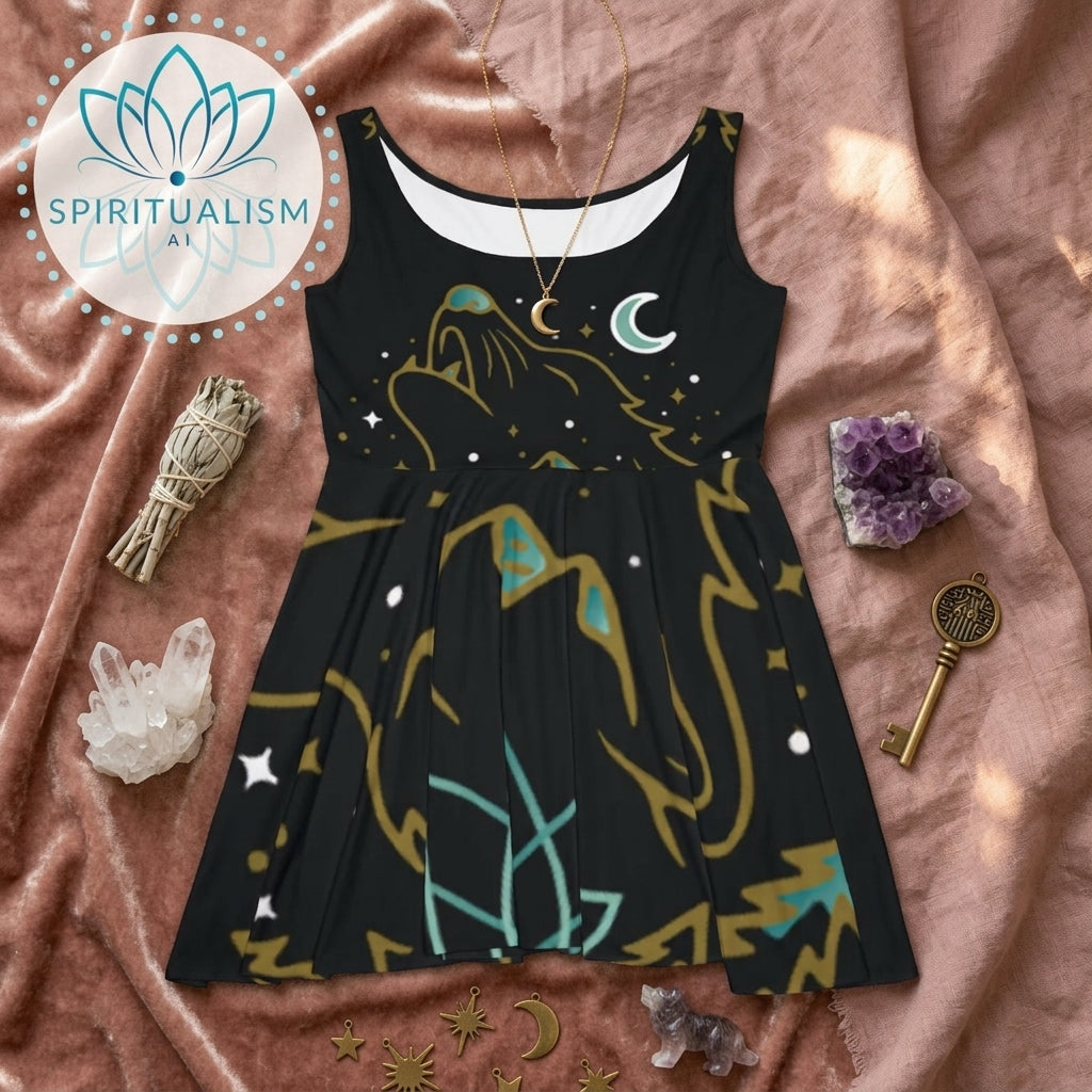 Celestial Wolf Skater Dress | Moon Wolf Print Dress | Spiritualism AI