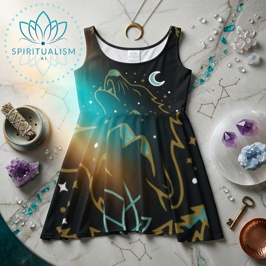 Celestial Wolf Skater Dress | Moon Wolf Print Dress | Spiritualism AI