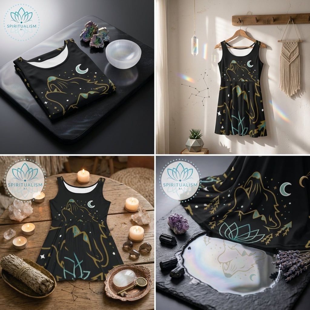 Celestial Wolf Skater Dress | Moon Wolf Print Dress | Spiritualism AI