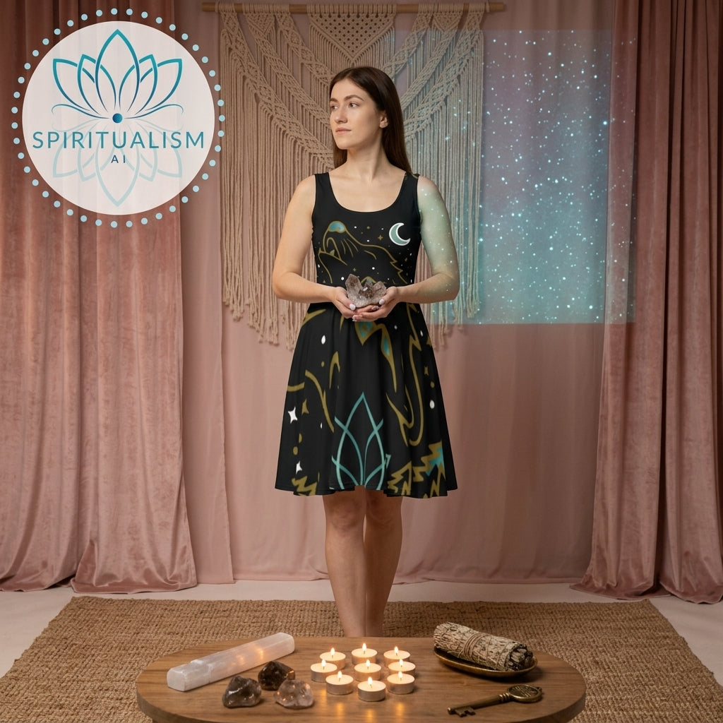Celestial Wolf Skater Dress | Moon Wolf Print Dress | Spiritualism AI