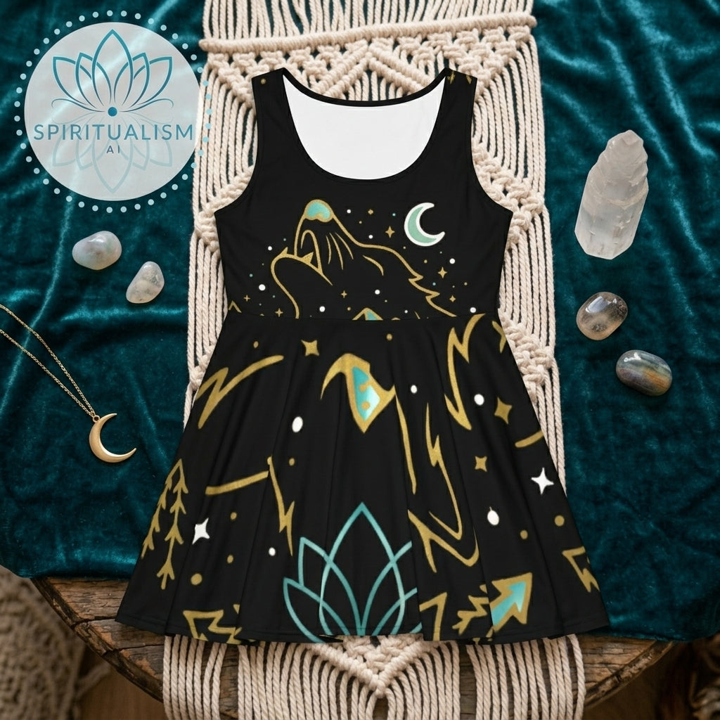 Celestial Wolf Skater Dress | Moon Wolf Print Dress | Spiritualism AI