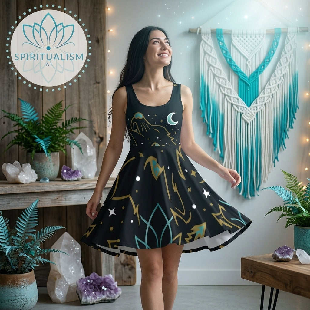 Celestial Wolf Skater Dress | Moon Wolf Print Dress | Spiritualism AI