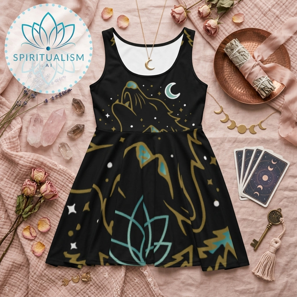 Celestial Wolf Skater Dress | Moon Wolf Print Dress | Spiritualism AI