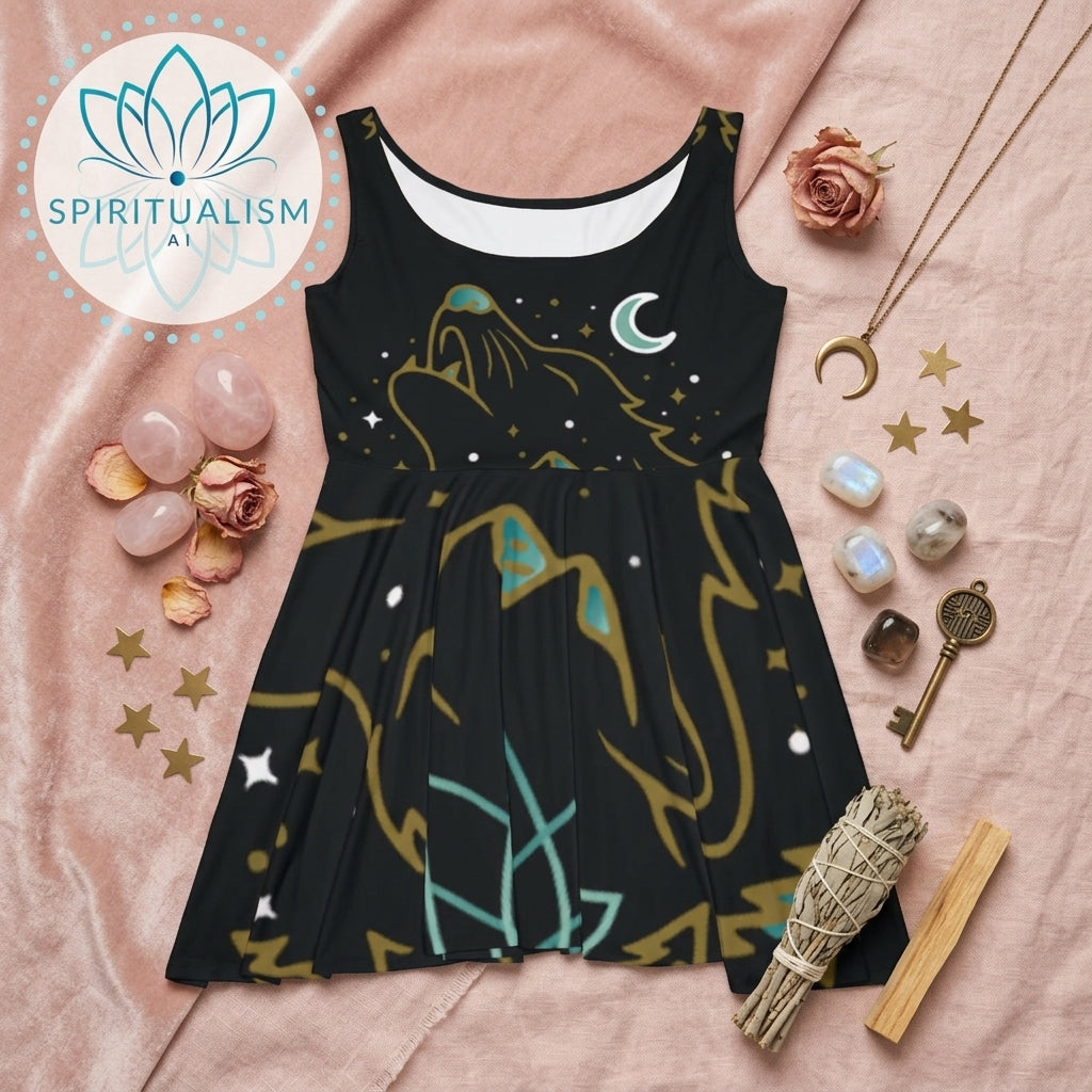 Celestial Wolf Skater Dress | Moon Wolf Print Dress | Spiritualism AI