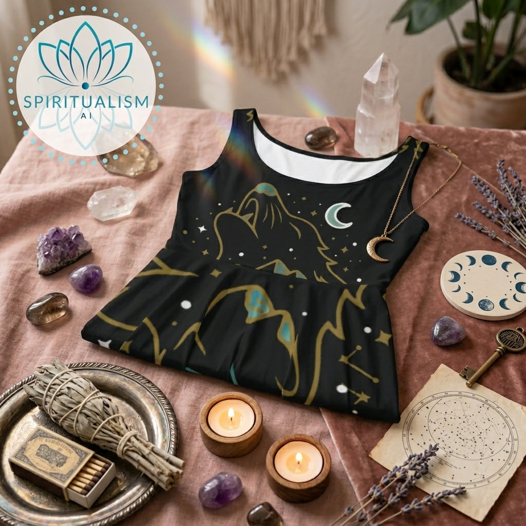 Celestial Wolf Skater Dress | Moon Wolf Print Dress | Spiritualism AI