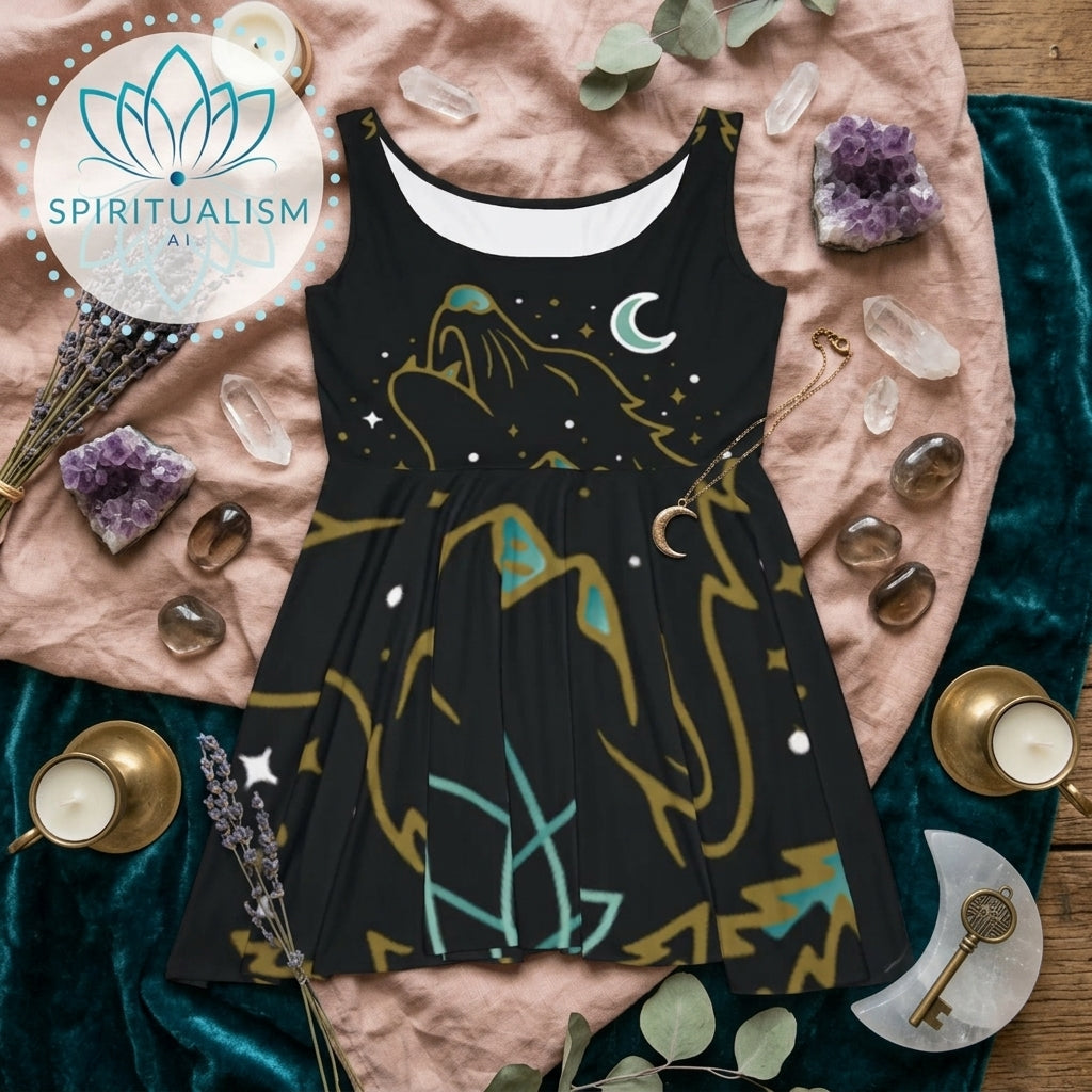Celestial Wolf Skater Dress | Moon Wolf Print Dress | Spiritualism AI