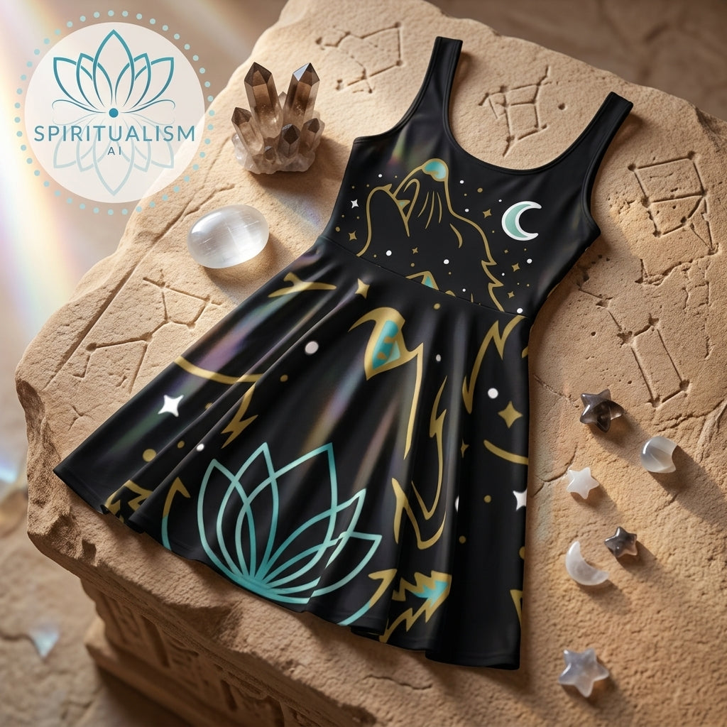 Celestial Wolf Skater Dress | Moon Wolf Print Dress | Spiritualism AI