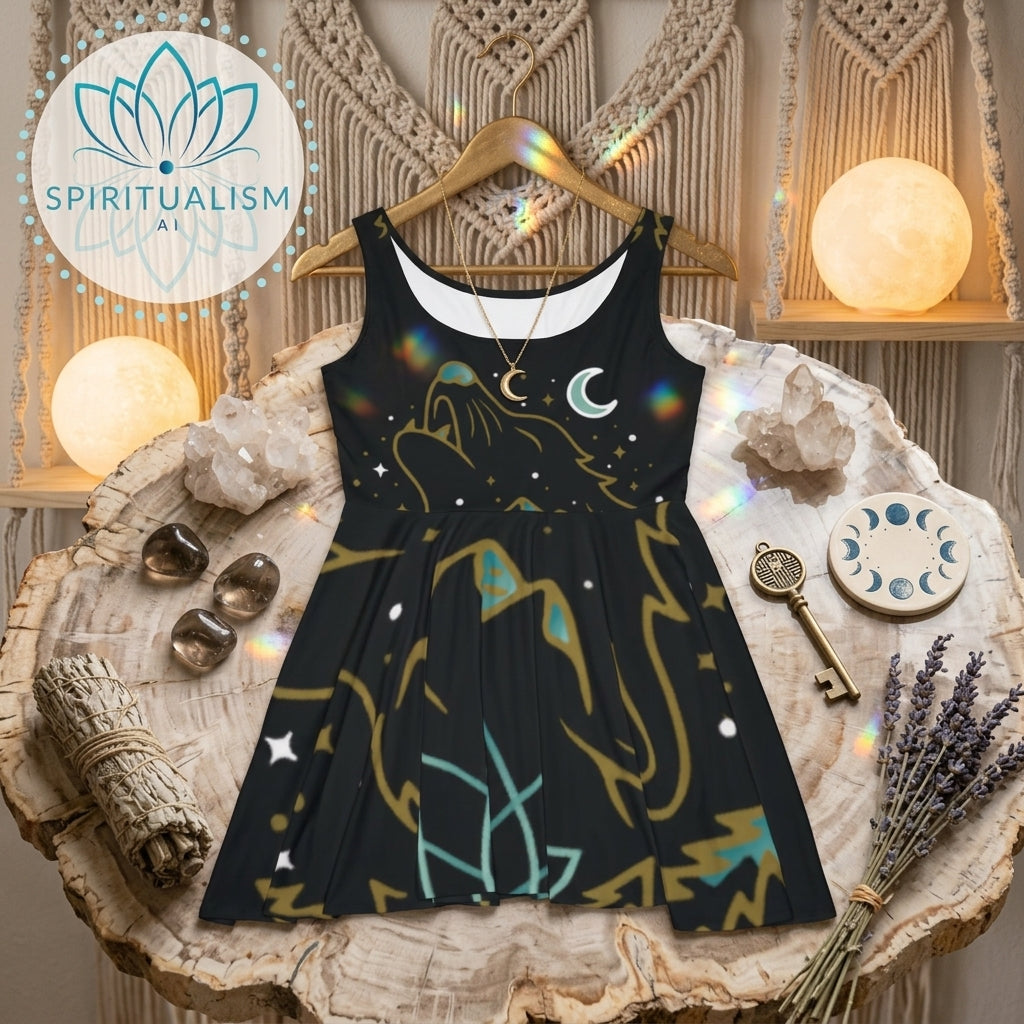 Celestial Wolf Skater Dress | Moon Wolf Print Dress | Spiritualism AI