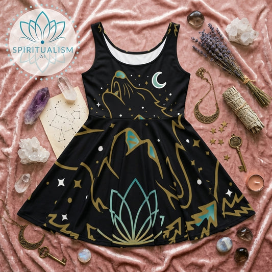 Celestial Wolf Skater Dress | Moon Wolf Print Dress | Spiritualism AI