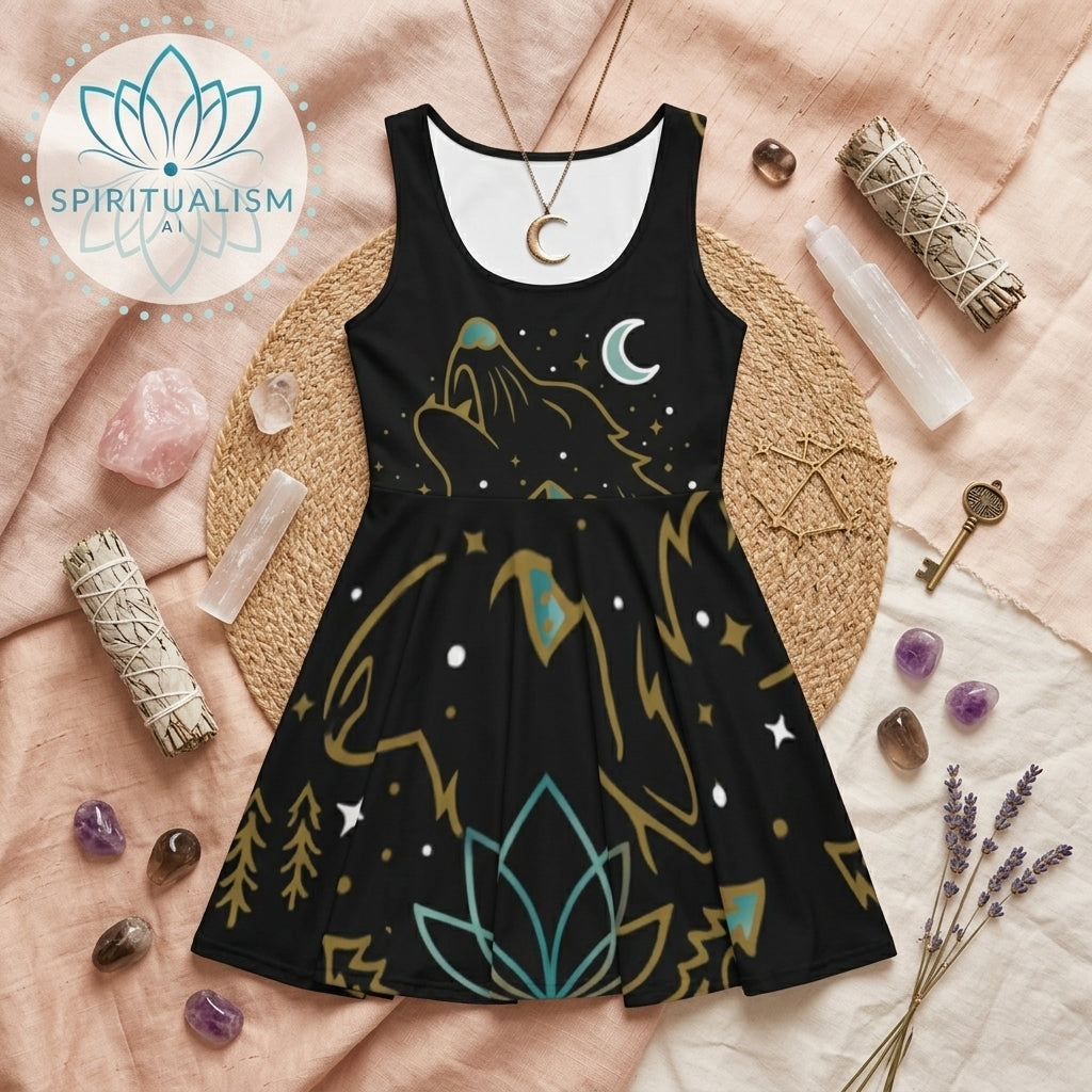 Celestial Wolf Skater Dress | Moon Wolf Print Dress | Spiritualism AI
