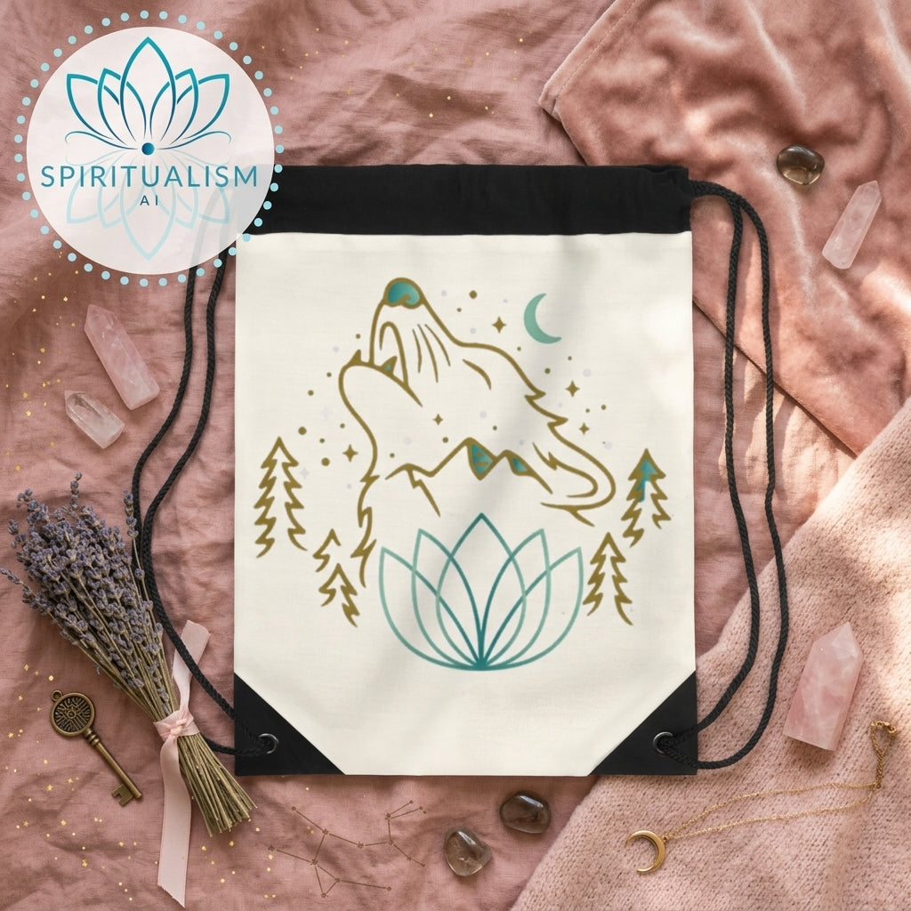 Celestial Wolf White Drawstring Bag | Moon Wolf Bag | Spiritualism AI