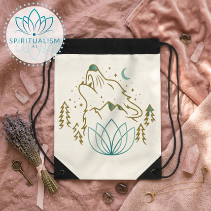 Celestial Wolf White Drawstring Bag | Moon Wolf Bag | Spiritualism AI