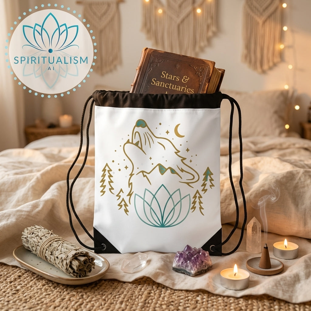 Celestial Wolf White Drawstring Bag | Moon Wolf Bag | Spiritualism AI
