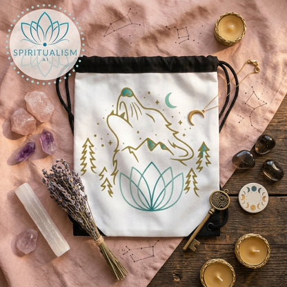 Celestial Wolf White Drawstring Bag | Moon Wolf Bag | Spiritualism AI