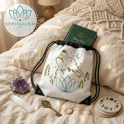 Celestial Wolf White Drawstring Bag | Moon Wolf Bag | Spiritualism AI