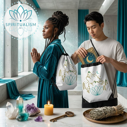Celestial Wolf White Drawstring Bag | Moon Wolf Bag | Spiritualism AI