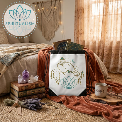 Celestial Wolf White Drawstring Bag | Moon Wolf Bag | Spiritualism AI