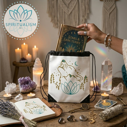Celestial Wolf White Drawstring Bag | Moon Wolf Bag | Spiritualism AI