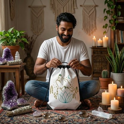 Celestial Wolf White Drawstring Bag | Moon Wolf Bag | Spiritualism AI