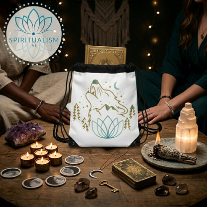 Celestial Wolf White Drawstring Bag | Moon Wolf Bag | Spiritualism AI