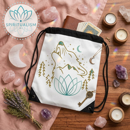 Celestial Wolf White Drawstring Bag | Moon Wolf Bag | Spiritualism AI