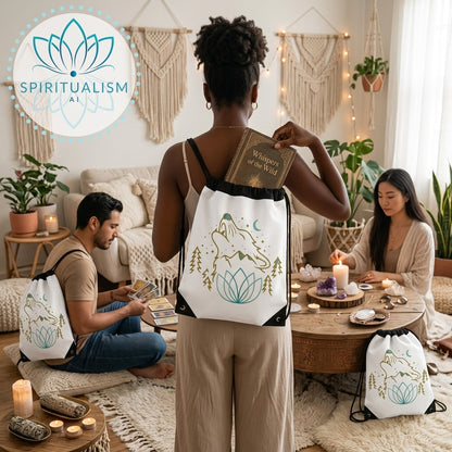 Celestial Wolf White Drawstring Bag | Moon Wolf Bag | Spiritualism AI