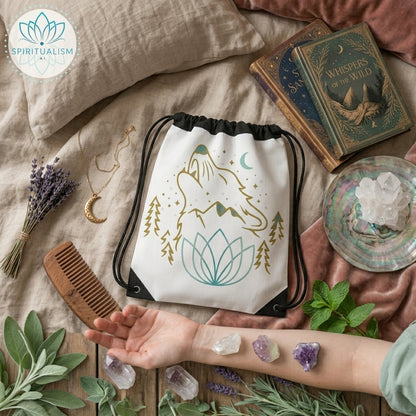 Celestial Wolf White Drawstring Bag | Moon Wolf Bag | Spiritualism AI