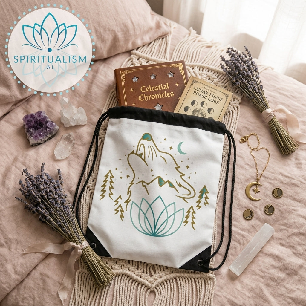 Celestial Wolf White Drawstring Bag | Moon Wolf Bag | Spiritualism AI