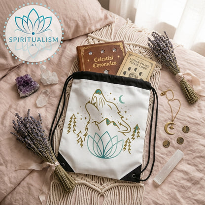 Celestial Wolf White Drawstring Bag | Moon Wolf Bag | Spiritualism AI