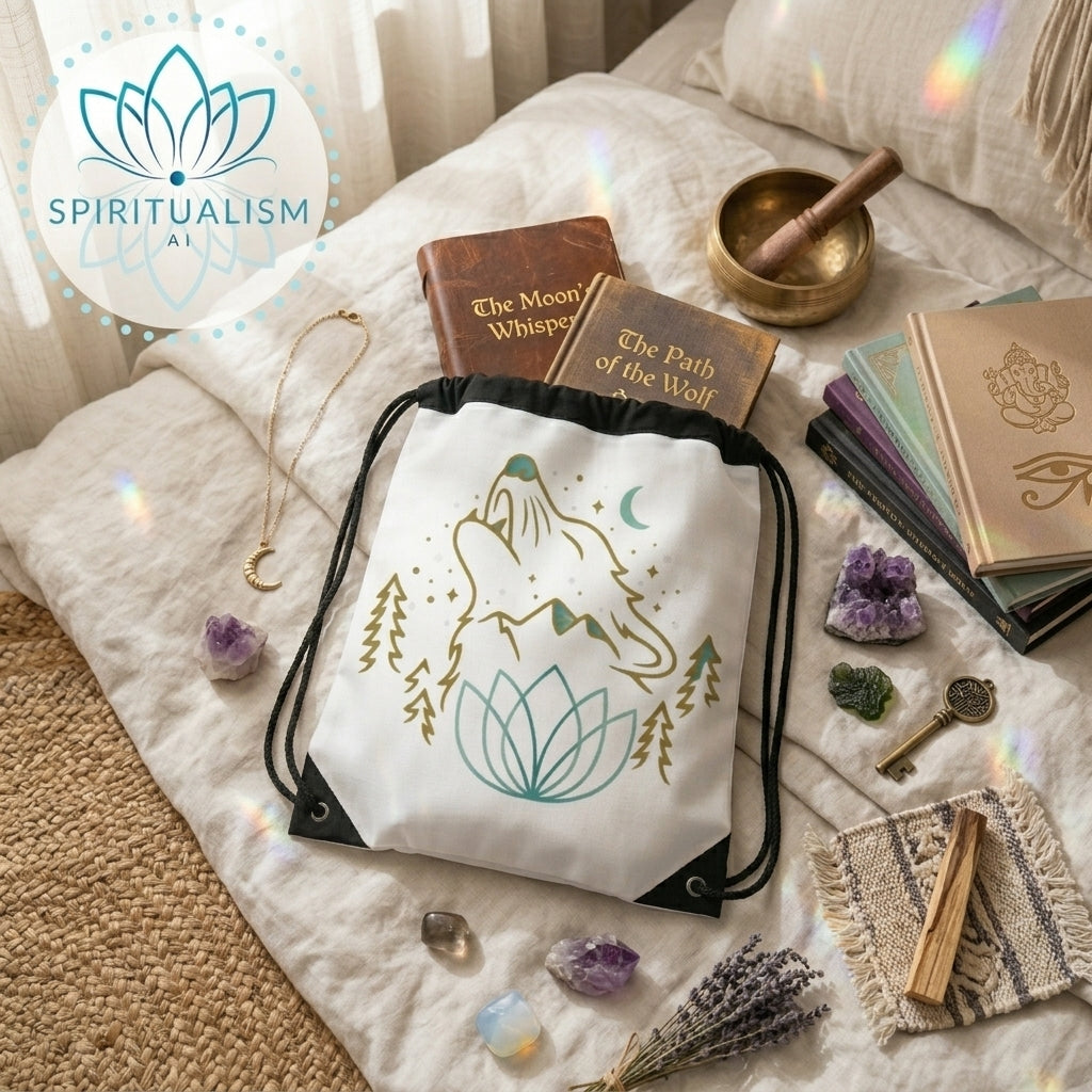 Celestial Wolf White Drawstring Bag | Moon Wolf Bag | Spiritualism AI