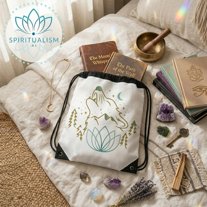 Celestial Wolf White Drawstring Bag | Moon Wolf Bag | Spiritualism AI