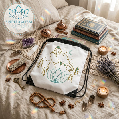 Celestial Wolf White Drawstring Bag | Moon Wolf Bag | Spiritualism AI