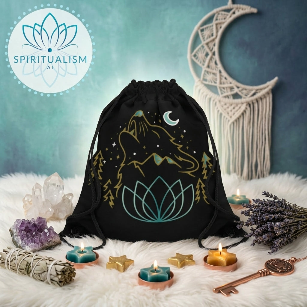 Celestial Wolf Drawstring Bag | Moon Wolf Gym Bag | Spiritualism AI