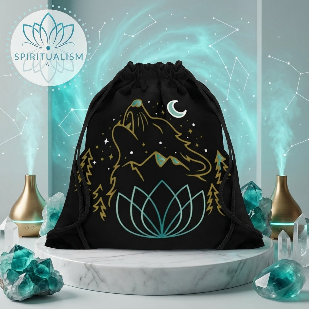Celestial Wolf Drawstring Bag | Moon Wolf Gym Bag | Spiritualism AI