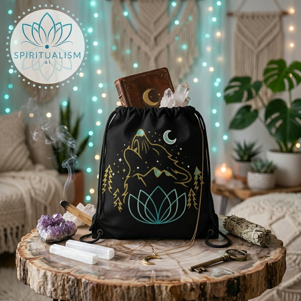 Celestial Wolf Drawstring Bag | Moon Wolf Gym Bag | Spiritualism AI