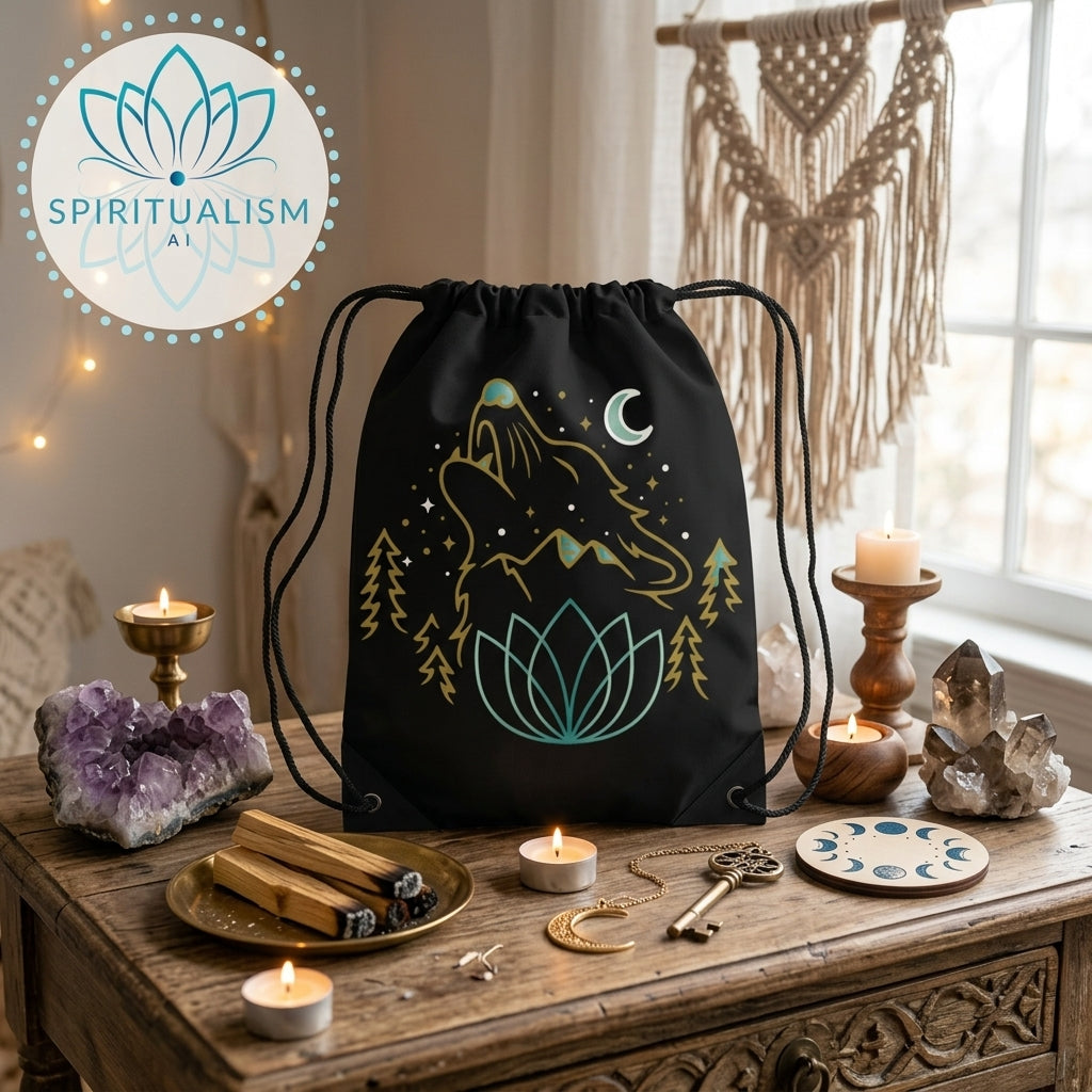 Celestial Wolf Drawstring Bag | Moon Wolf Gym Bag | Spiritualism AI