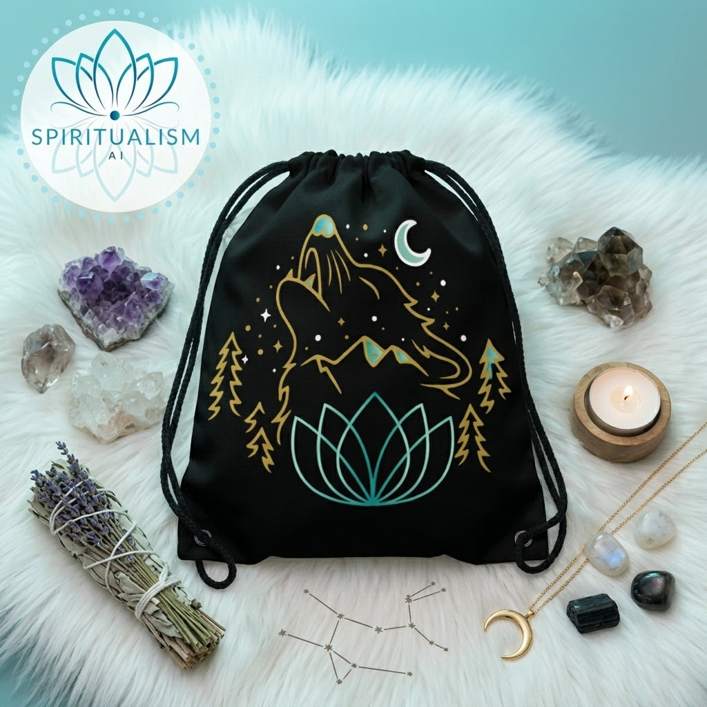 Celestial Wolf Drawstring Bag | Moon Wolf Gym Bag | Spiritualism AI