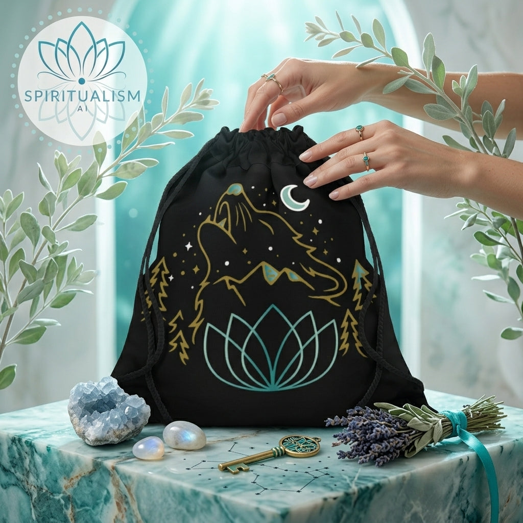 Celestial Wolf Drawstring Bag | Moon Wolf Gym Bag | Spiritualism AI