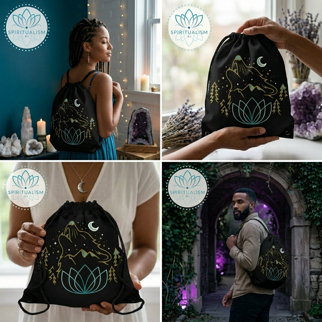 Celestial Wolf Drawstring Bag | Moon Wolf Gym Bag | Spiritualism AI