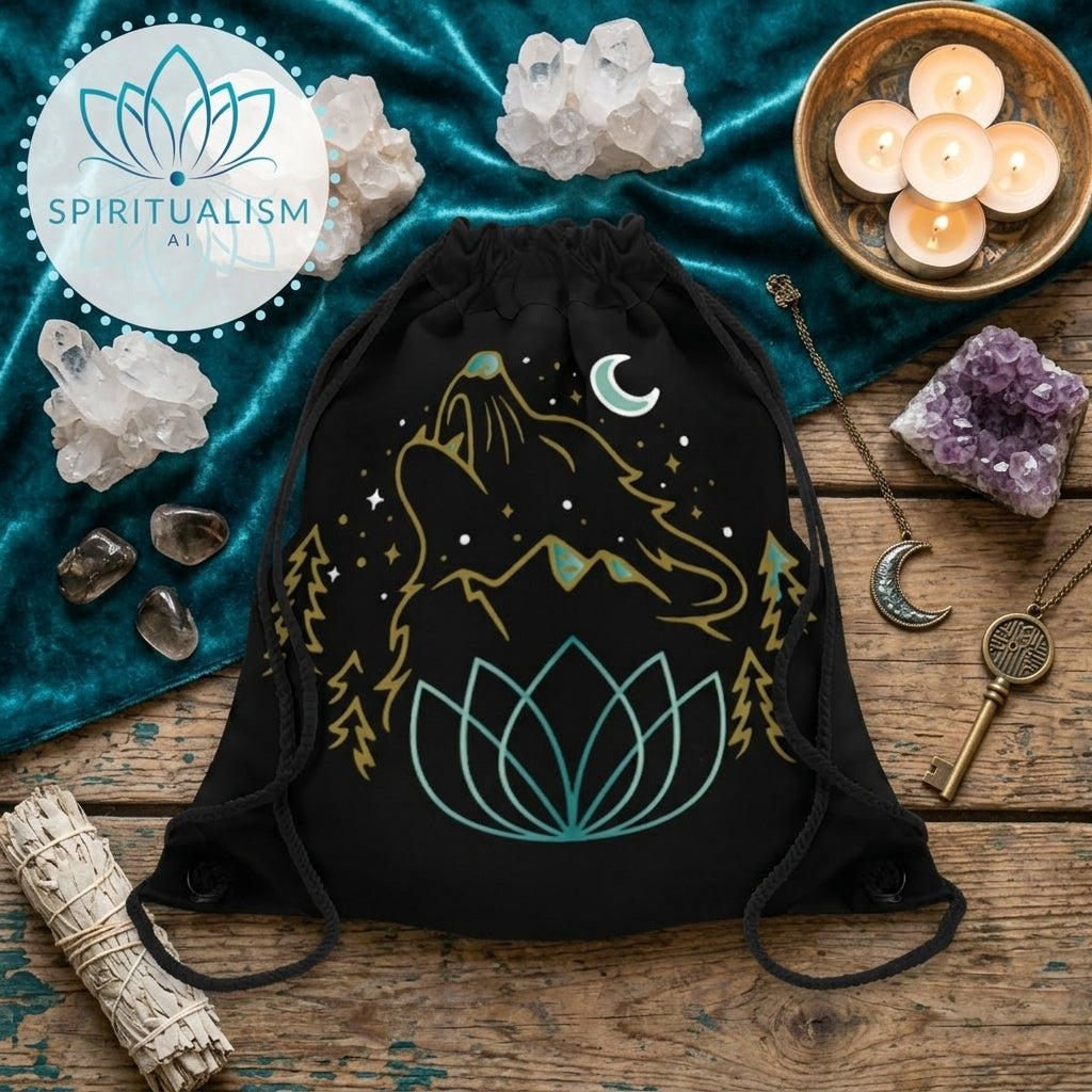 Celestial Wolf Drawstring Bag | Moon Wolf Gym Bag | Spiritualism AI