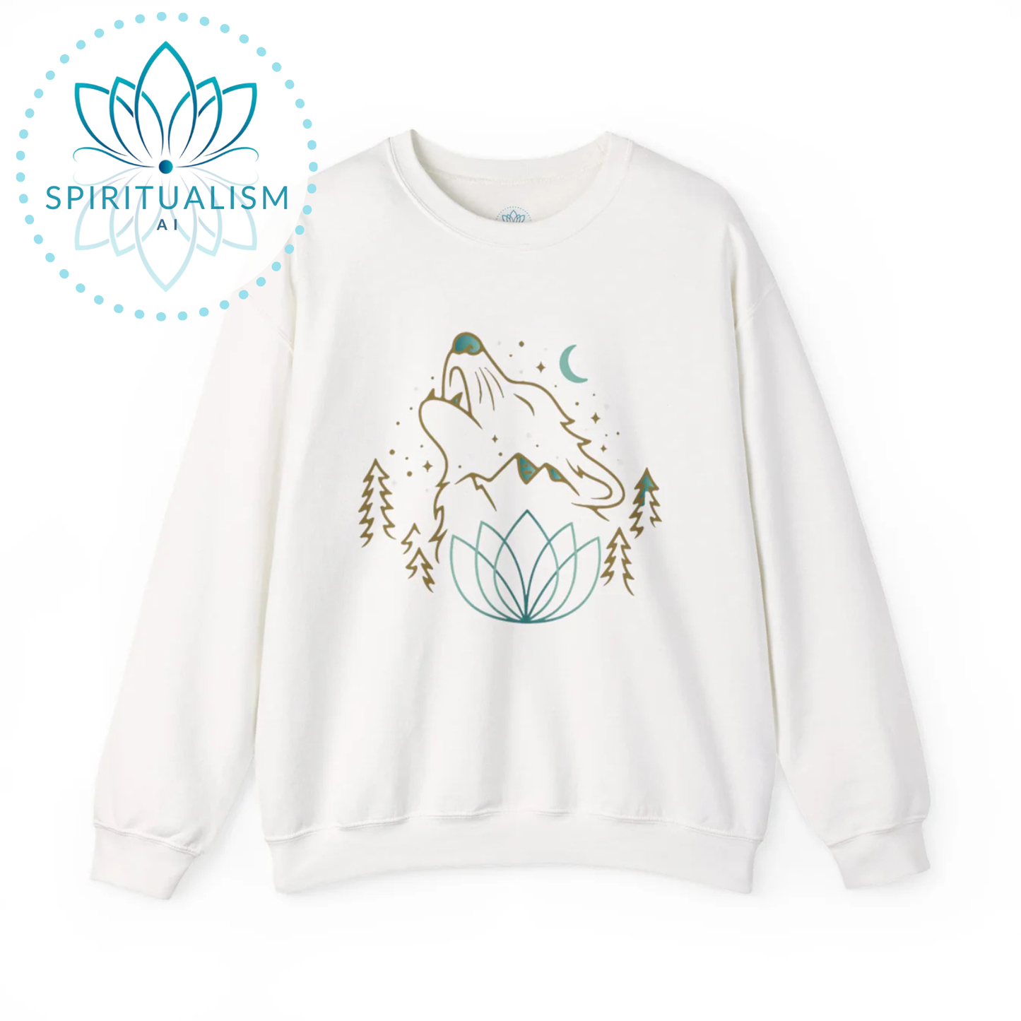 Celestial Wolf Crewneck | Moon Wolf Graphic Pullover | Spiritualism AI